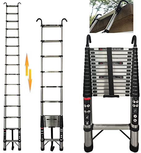 5M Échelle Télescopique avec 2 Crochets, Échelle Coulissante Antidérapante, Pliable Extensible Unique Droite Échelle Polyvalente 12 Echelons, Interrupteur de sécurité à Plusieurs Niveaux, Charge 150kg