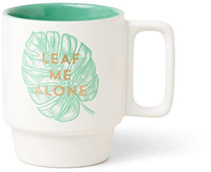 DesignWorks Ink Vintage Sass Stackable Ceramic Mug with Handle, Green Cup with Gold Accents Leaf Me Alone Funny Pun Office Gift Cute Decorative Coffee Mug, 12-Ounce