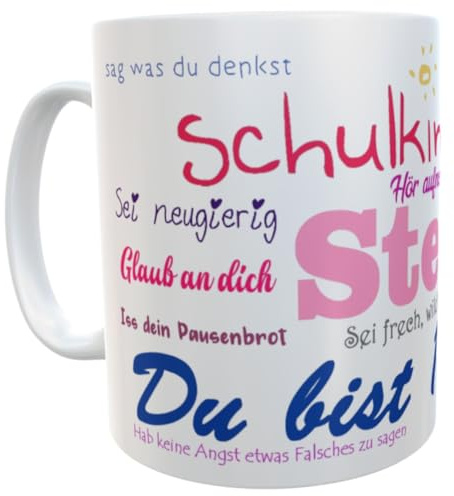 Tasse Schulkind 2025 mit Mutmachsprüchen personalisierts Geschenk zur Einschulung Befüllung Schultüte (rot)