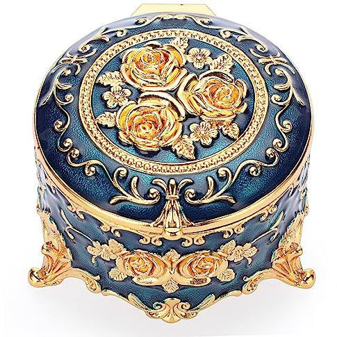 Hipiwe Antique Metal Jewelry Box Ring Earring Treasure Chest Case Small Trinket Box Round Jewelry Display Box Necklace Organizer Wedding Birthday Gift Home Decor, 3x3x2.4 inch