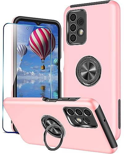 KRAFTCARE for Samsung A13/A04S Case with Kickstand Ring and Screen Protector, Shockproof and Anti Scratch 360° Magnetic Ring Holder Stand Phone Cover for Samsung Galaxy A13 4G/A04S - Pink