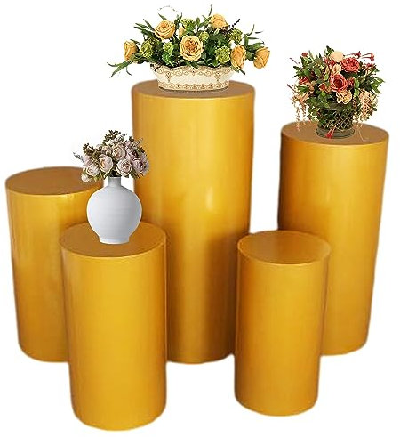UVCMDUI 5 x Runde Zylinder-Standfuß-Ständer, Dekosäule Runder Zylinder-Sockel, Blumensäule Weiß Gold Rosa Sockel Säulen für DIY, Hochzeit, Party, Stapelbare Lagerung, Starke Stabilität,Gold