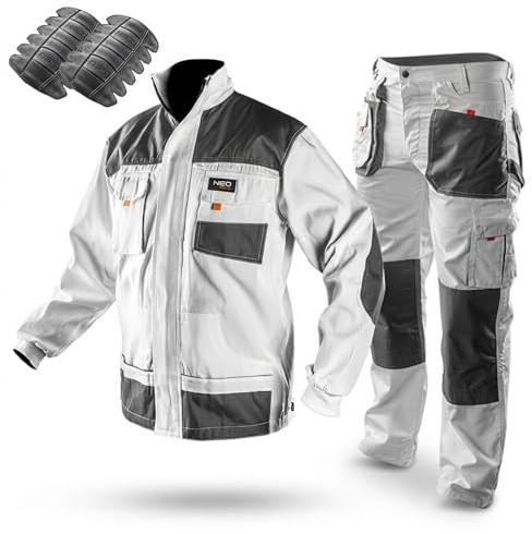NEO TOOLS Pantalon de travail professionnel (veste, genouillères) blanc | Vêtement professionnel, pantalon de peintre, taille S à XXL, Ensemble (pantalon, veste)