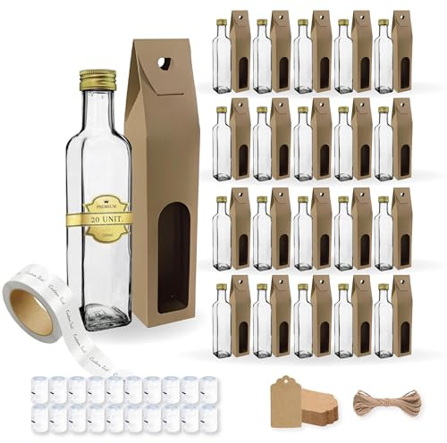 Espirito Rebelde - 20 botellas de cristal de 250 ml con tapón de rosca dorado + 20 cajas + 20 sellos + 20 etiquetas personalizadas + 20 etiquetas Kraft + cuerda - aceite de oliva, vinagre - aceitera