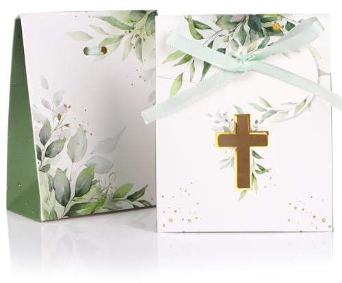 BETESSIN Gastgeschenke Kommunion - 50 Kleine Geschenkboxen im Eukalyptus Design, inkl. Geschenkanhänger und Bänder - Gastgeschenk Box zur Konfirmation, Kommunion, Taufe, Hochzeit - 8x4x10cm
