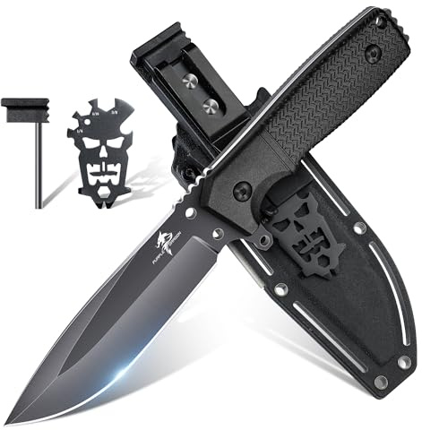 Purple Dragon Schwarz-Grau Survival Messer mit Kydex Scheide, Full Tang Outdoor Messer Feststehend aus einem Stück D2 Stahl, Survival Messer für Bushcraft Camping, Geschenke für Männer