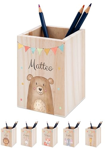 wunderwunsch® - Personalisierter Stiftehalter Kinder aus Holz - Kreativer und praktischer Schreibtisch-Organizer Kinder mit Namen - Perfektes Einschulung Geschenk und Geburtstag (Bär)