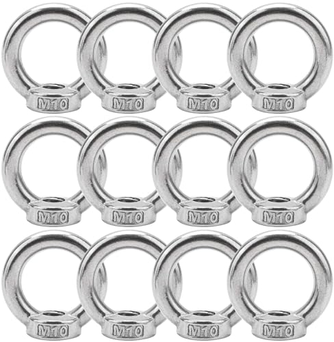 BREANIFULL 12 dadi ad anello in acciaio inox M10, viti a occhiello M10, in acciaio inox, occhielli ad anello per montaggio a corda, accessori di sollevamento, lucidatura superficiale, argento (A, 12)