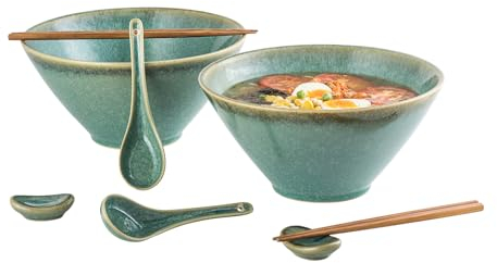 HENXFEN LEAD Juego de 2 cuencos de cerámica para ramen, cuencos de fideos con cucharas y palillos (8 piezas), cuencos de porcelana para sopa, udon, pasta, ensalada y cereales, aptos para lavavajillas