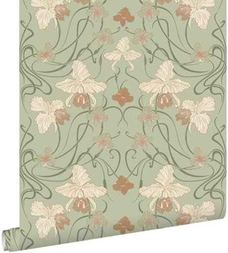 papier peint fleurs vintage de style art nouveau vert grisé et terracotta 53 cm x 10.05 m - ESTAhome