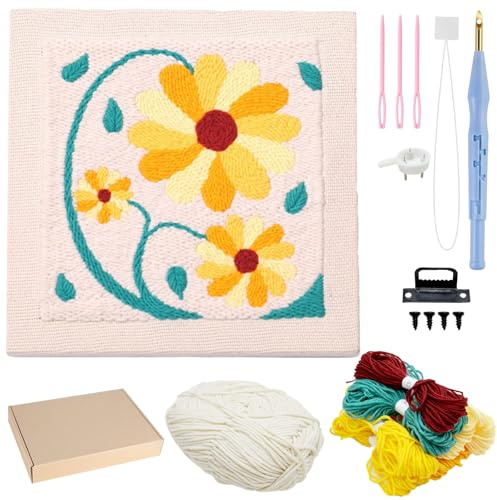 Allazone Punch Needle Stickerei Set für Anfänger, Rahmen Stanznadel Stickerei Starter Kit, Quadratisch Punch Needle mit Blumenmuster, Stickrahmen, Garne, Stanznadel (Beige und Gelb)