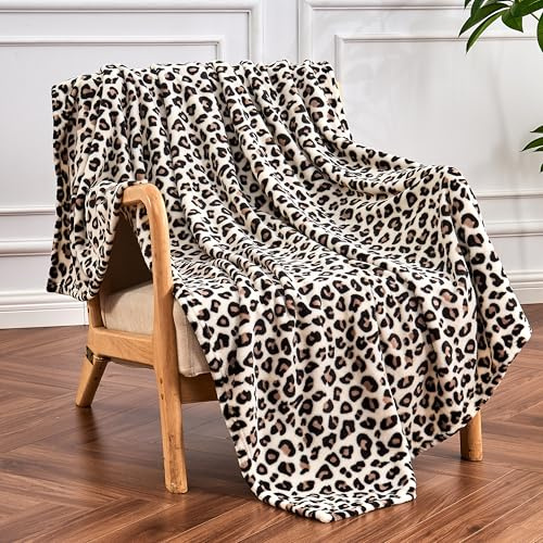 Edenleaf Leopard Print Blanket Fleece Throw for Bed Sofa Travel and Camping, Super Soft Cozy Fluffy Plush Cheetah Print Blanket for All Seasons 50x60 (Cream)