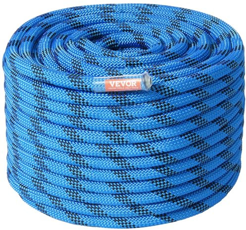VEVOR Corda Statica da Arrampicata 12,7 mm, Corda da Arrampicata all'Aperto 60,9 m, Tensione alla Rottura 30 Kn, Cordo in Fibra con Moschettone in Acciaio per Fuga, Discesa in Cordo Doppia Blu