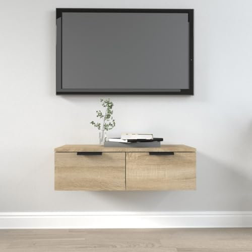 FOZICV 68x30x20 cm Wandschrank mit 2 Schubladen TV Schrank TV Board Hängeschrank Wohnzimmer Arbeitszimmer Lowboard Hängend Vielseitiges Wandschublade Schweberegal Sonoma Eiche Holzwerkstoff