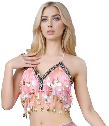 MUNAFIE Pailletten Oberteil Damen Glitzer Top BH Bauchtanz Festival Oberteil