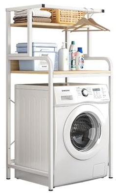 TOOYITR Waschmaschinenschrank 60cm breit mit Aufbewahrungsfach und Kleiderbügel Waschmaschinenregal mit verstellbarem rutschfestem Boden Toilettenregal ohne Bohren,Weiß,Second New