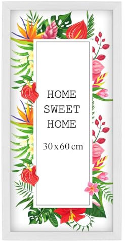 MG Design Marco 30 x 60 cm - color Blanco, de madera, con cristal acrílico - para colgar vertical u horizontalmente, sin fondo, para fotos, pósters, puzzles