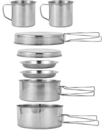 Set di pentole in acciaio inox – pentole portatili da esterno per zaino e escursionismo | set di pentole e padelle in acciaio inox per 2 persone, attrezzatura da campeggio per attività all'aperto