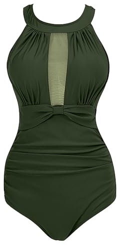 VILOREE Damen Schlankheits Badeanzug Raffung Einteiler High Neck Bademode Strandmode Grün L