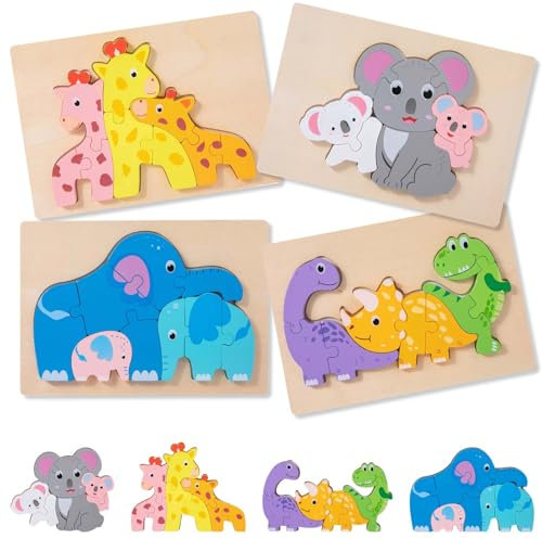 Montessori ab 1, Spielzeug ab 2 Jahre, Montessori Lernspielzeug, Puzzle ab 2 mit 4 Tierfiguren, Geschenk für 1-3 Jährige Jungen und Mädchen, Tierkarten-Puzzle für Kleinkinder