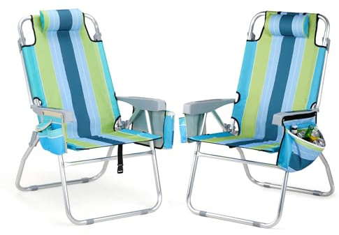 VINGLI 2 Pack Tall Beach Chair, 16 with 5-Position, Cooler Bag, Cup Holders, Towel Bar, Lightweight Folding Beach Camping Chairs for Adults