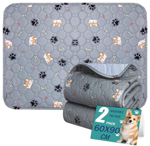 Tvättbara kissdynor för hundar, 2-pack återanvändbara hundträningsdynor, tvättbara valpkuddar, absorberande återanvändbara valpkuddar, halkfri hundmatta med tryck för golvskydd, potträning, grå – 60 x