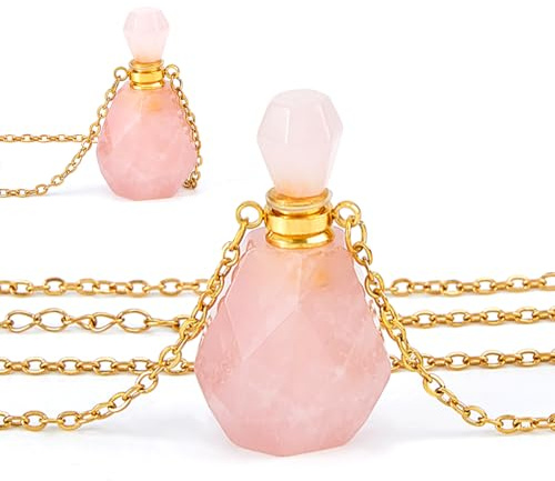 SUPERFINDINGS 2PCS Perfume Bottle Necklace Crystal Perfume Bottle Pendant Essential Oil Diffuser Necklace Gemstone Vial Necklaces Natural Rose Quartz Pendants for Christmas Valentine's Mother's Day