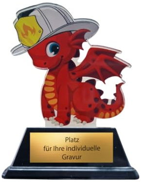 10cm Kinderfeuerwehr-Pokal - Acryl Trophäe mit Drache & Wunschgravur | Feuerwehrdrachentrophäe für kleine Helden, 50g leichtes Acryl, Geschenkidee für Feuerwehrfeste & Jugendgruppen Wettbewerbe