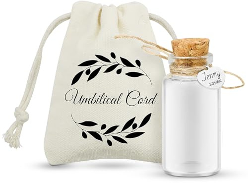 Bouteille souvenir en verre avec bouchon en liège pour cordon ombilical et cheveux fœtaux, pour un baptême, une baby shower ou une fête prénatale. Livrée avec un sac cadeau.