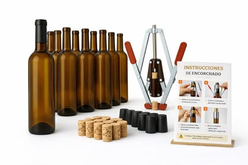 Taninea Botellas Cristal Vacías para Vino 750 ml Ámbar/Canela con Corcho Cilíndrico Aglomerado, Cápsulas Negras y Encorchadora – Pack 24 – Tipo Bordelesa – Reutilizables para Vino Casero, Licores