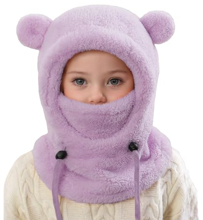 3-10 Years Kids Winter Thermal Fleece Balaclava Toddler Warm Windproof Hooded Hat Scarf Children Soft Plush Full Cover Hats with Neck Warmer Boys Girls Fleece Balaclava Ski Hat for Hiking Cycling