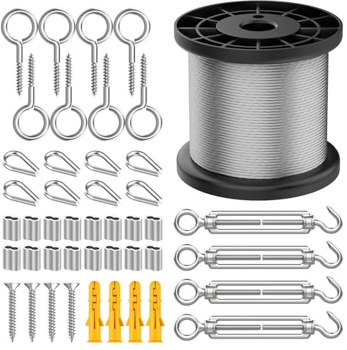 50M Wire Rope, 304 Stainless Steel Garden Wire For Climbing Plants, Heavy Duty Rust-Resistant Climbing Plant Support Kit with M5 Vine Eyes, Metal Cable Wire Kit 2MM Fence Wires Rope Clips Turnbuckle