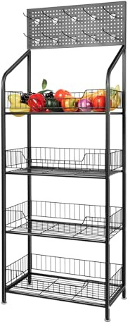 TTISJHK Étagère à collations à 4 étages noire avec roulettes et crochets, étagère de rangement en métal avec paniers en treillis, étagère de cuisine, organisateur de fruits, légumes, étagère de
