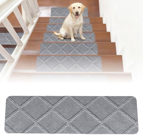 Yunlaishaocer 15pcs Tapis d'Escalier Antidérapant,Marchettes d'Escalier Auto-Adhésif,Urface Adhésif 55 x 19 cm,Moquette Escalier Réutilisable Découper pour Enfants âgées Chiens (Gris Clair)