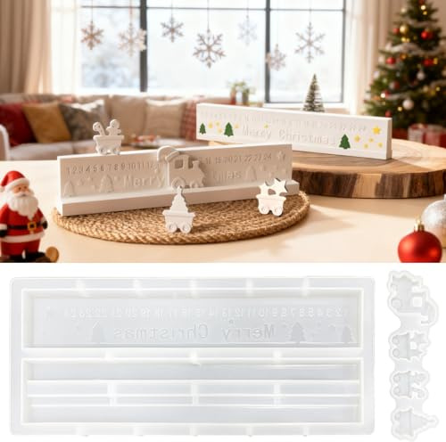 TZEKING 5 Stück Silikonform Gießformen Weihnachten,Weihnachts Adventskalender Silikonformen,Zug,Elche,Weihnachtsmann-Elemente Silikonformen mit Silikonform Zahlen Tablett,Gießformen Weihnachten