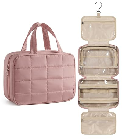 BAGSMART Kulturtasche Damen Reise Kulturbeutel zum Aufhängen Dunkelrosa | Wasserdicht, Puffy, 28x72cm ausgerollt, Polyester, 360-Grad-Drehgelenk, Zwei-Wege-Reißverschlus, Waschbeutel für Reise