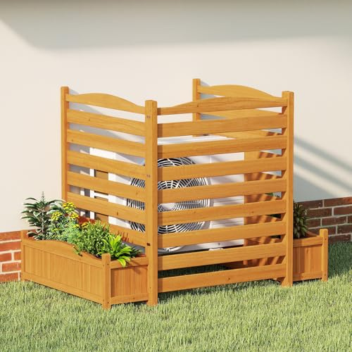 COSTWAY Blumenkasten mit Gartenzaun, Zaun für Klimaanlagen & Mülleimer, 101cm hoch, Hochbeet mit Spalier, 2 Pflanzkästen mit Ablauflöchern, Sichtschutz für Garten Hof Balkon, Holz, Natur (3-teilig)