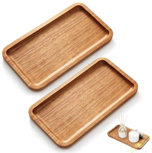 2 Stück Holztablett Rechteckig 20x10cm Holz Tablett Klein Serviertablett | Natürliches Massivem Akazienholz Lebensmittelechte Oberfläche Brown Tablett für Snacks Schmuck, Schlüssel oder Büromaterial