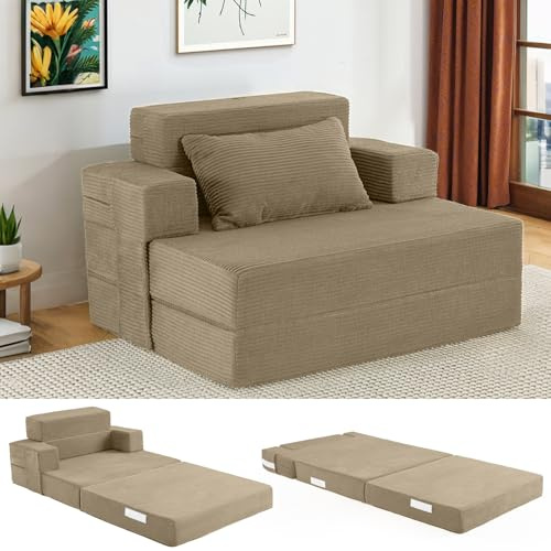 Fantico 4-in-1 Schlafsofa 100 x 200 cm – Schlafsessel mit Bettfunktion, Faltbare Schlafcouch mit integrierten Rückenkissen & separatem Kissen, waschbarer Bezug, Helltaupe