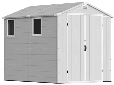 Devoko Gartenhaus Kunststoff 185x240x210 cm Gerätehaus mit Boden, Hellgrau | Zwei integrierte Lüftungsschlitze, Doppelwand-Stecksystem-Platten, Satteldach, Acrylfenster, Stauraum satt