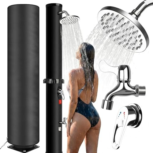 Qdreclod Ducha Solar 35 litros, Caliente y Frío Regulable, Máx. 60 °C, Sin Electricidad, Ducha de Jardín con Rociador Giratorio, Grifo de pie y Conexión para Manguera (35L+ Funda Protectora)
