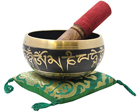 DharmaObjects Tibetan Heavy Large Om Mani Padme Hum Singing Bowl Mallet and Silk Cushion Set