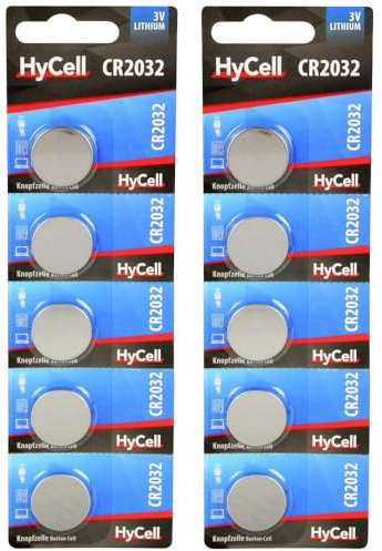 HyCell Lithium Knopfzellen CR2032 3V 10er Vorratspackung / Knopfbatterien Typ CR 2032 mit 3 Volt in erstklassiger Qualität für den Einsatz in Garagentüröffner, Waage, Uhr, Digitalkamera