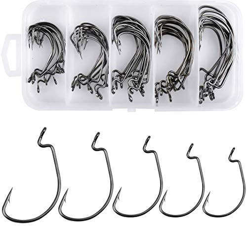 Jinlaili Hameçon de Pêche, 50 PCS Hameçons Barbelés en 5 Tailles 2# 1# 1/0# 2/0# 3/0#, Crochets de Pêche, Hameçon Mer, Hameçon à Carpe en Acier Carbone avec Boîte
