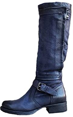 Susenstone 2022 Chaussure Femme Bottes Bloc Hauteur Genou Boucle Fermeture éclair Vintage PU Cuir Bottines Longues Chaudes D'hiver Chaussures De Fête Rétro Cowgirl Cowboy