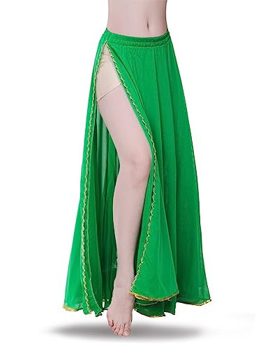 ROYAL SMEELA Damen Chiffon Rock Bauchtanz Kostüm für Frauen Tanzkleid Sparkly Glitter High Split Strand Röcke, Grün , Einheitsgröße