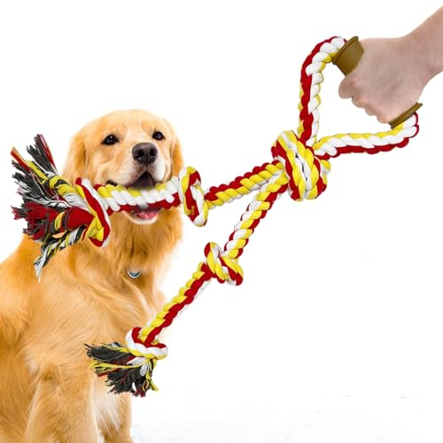 Artsper Large 24''Heavy Dog Rope Toys Large and Medium Dogs Teeth Cleaning, Cotton Rope Toys Chewers, Interactive Dual Dog Tug of War Toy, Pull Twisted Rope with Handle, None Toxic (Red/Yellow)