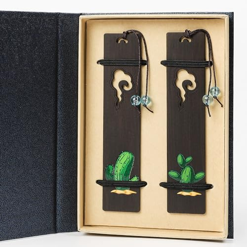 SNCCJ Holz Lesezeichen, Natürliche Hölzerne Schnitzerei Lesezeichens mit Geschenkbox, Einzigartiges Kunstgeschenk für Bücherwurm Buchliebhaber (Kakteen)