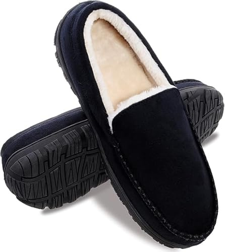 MIXIN Moccasins for Men House Slippers Indoor Outdoor Plush Mens Bedroom Shoes with Hard Sole Black Size 8