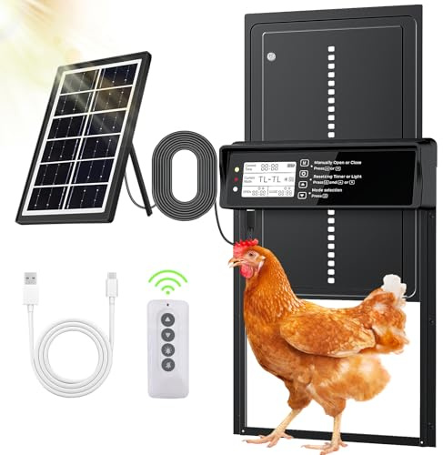 ONKO Automatic Chicken Coop Door Solar Powered with LCD Display, Automatic Chicken Door with Timer & Light Sensor - Remote Control, Anti-Pinch Safety Design & Durable Aluminum Alloy Construction